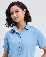 Reistor Women's Drawstring Denim Shirt Dress with Front Buttons Blue