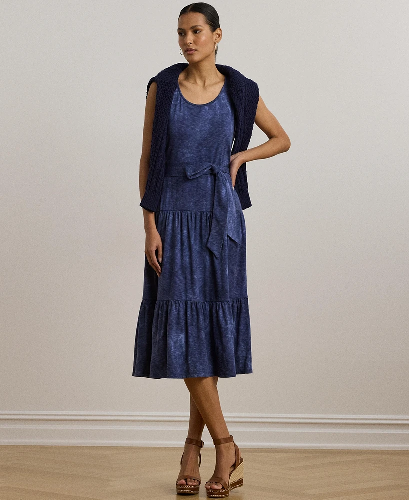 Lauren Ralph Women's Print Belted Slub Jersey Tiered Dress
