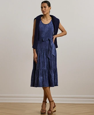 Lauren Ralph Women's Print Belted Slub Jersey Tiered Dress