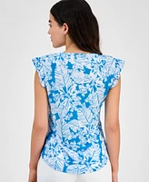 Ak Anne Klein Petite Printed V-Neck Ruffle-Sleeve Blouse