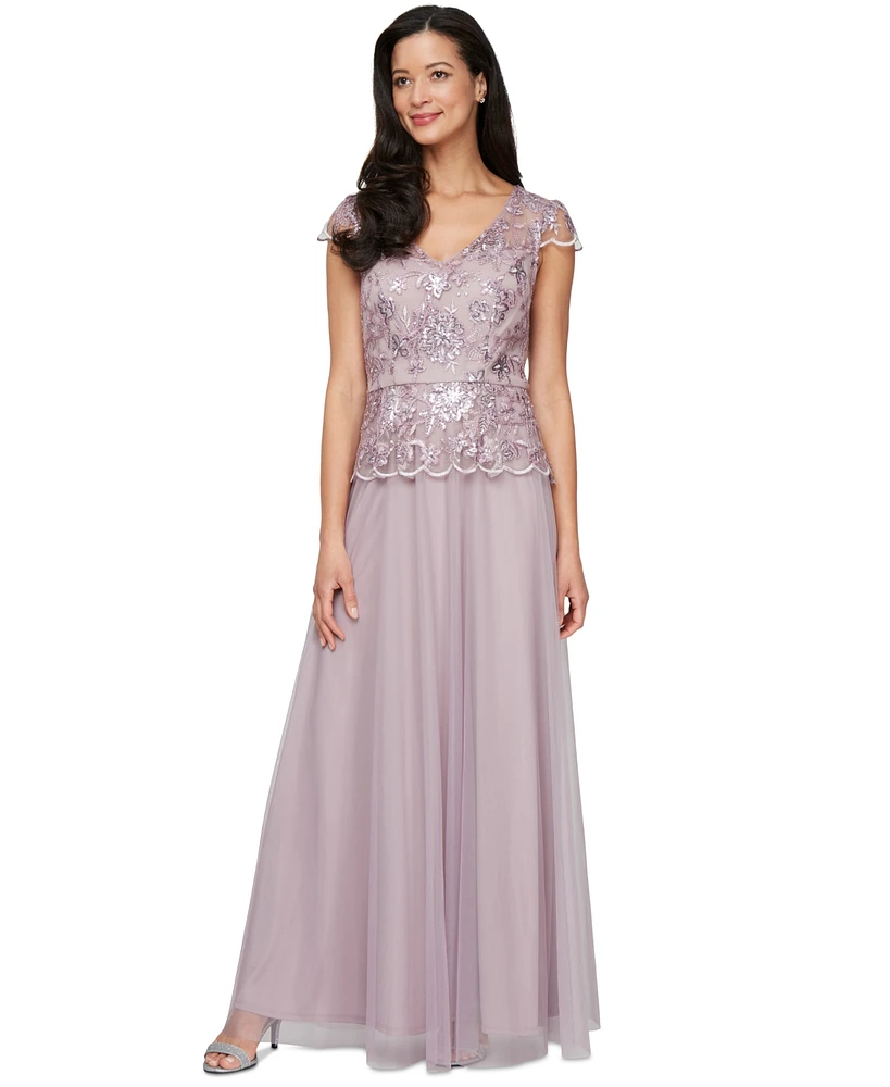 Alex Evenings Women's V-Neck Cap-Sleeve Embroidered Gown