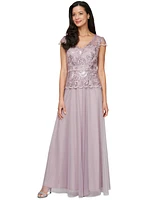 Alex Evenings Women's V-Neck Cap-Sleeve Embroidered Gown