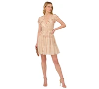 Adrianna Papell Women's V-Neck Beaded Mesh Minidress