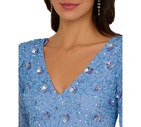 Adrianna Papell Women's V-Neck Petal-Sleeve Beaded Gown
