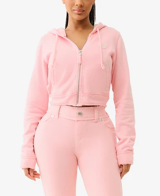 True Religion Women's Raw Edge Big T Shrunken Hoodie Sweatshirt