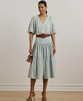 Lauren Ralph Women's Chambray Cropped Bubble-Sleeve Blouse