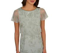 Adrianna Papell Petite Aqua Dust Boat-Neck Beaded Dress