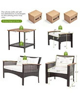 Gymax 7 Piece Outdoor Wicker Conversation Set Patio Rattan Sofa Set w/ Coffee Tables Cushions