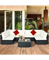 Gymax 7 Piece Patio Rattan Conversation Sectional Furniture Set with Cushion Pillow