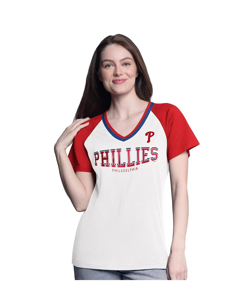 G-iii 4Her by Carl Banks Women's White/Red Philadelphia Phillies Ball Park Raglan V-Neck T-Shirt