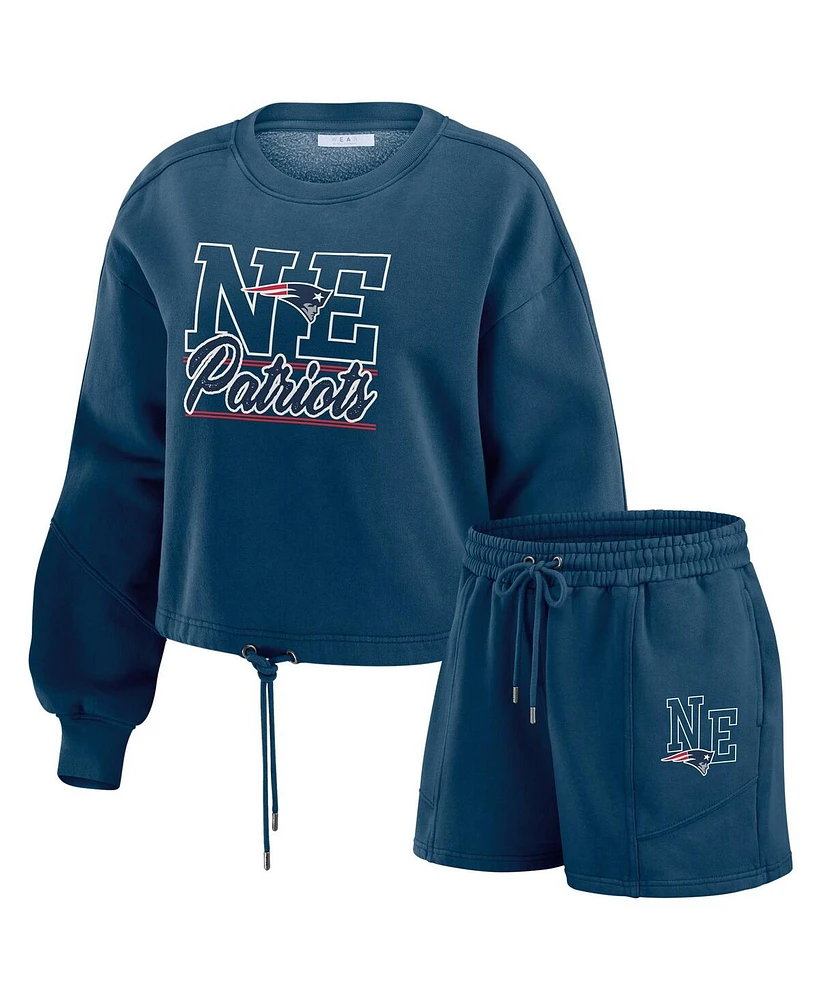 Wear by Erin Andrews Women's Navy New England Patriots Washed Fleece Long Sleeve T-Shirt & Shorts Lounge Set