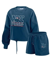 Wear by Erin Andrews Women's Navy New England Patriots Washed Fleece Long Sleeve T-Shirt & Shorts Lounge Set