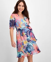Tahari Asl Petite Shadow Stripe Ruffle Floral Print Dress