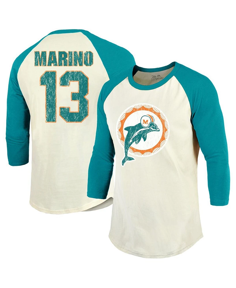 Majestic Men's Dan Marino Cream/Aqua Miami Dolphins Retired Player Name Number 3/4 Raglan Sleeve T-Shirt