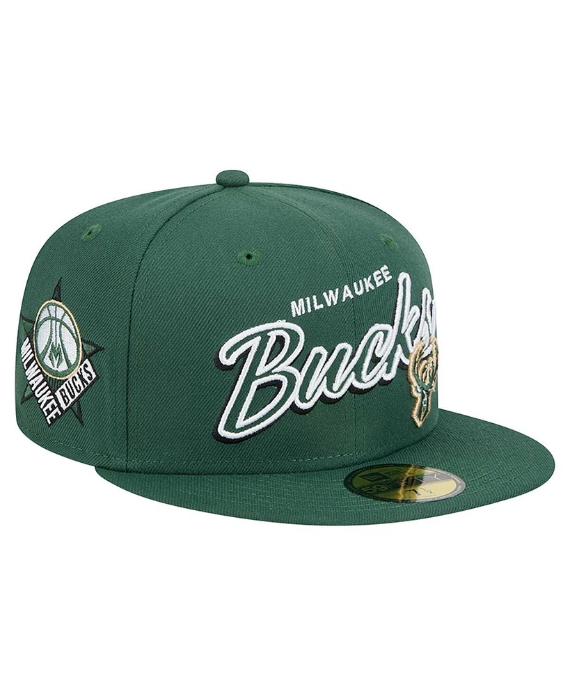 New Era Men's Hunter Green Milwaukee Bucks Sport Night Script Sided 59FIFTY Fitted Hat