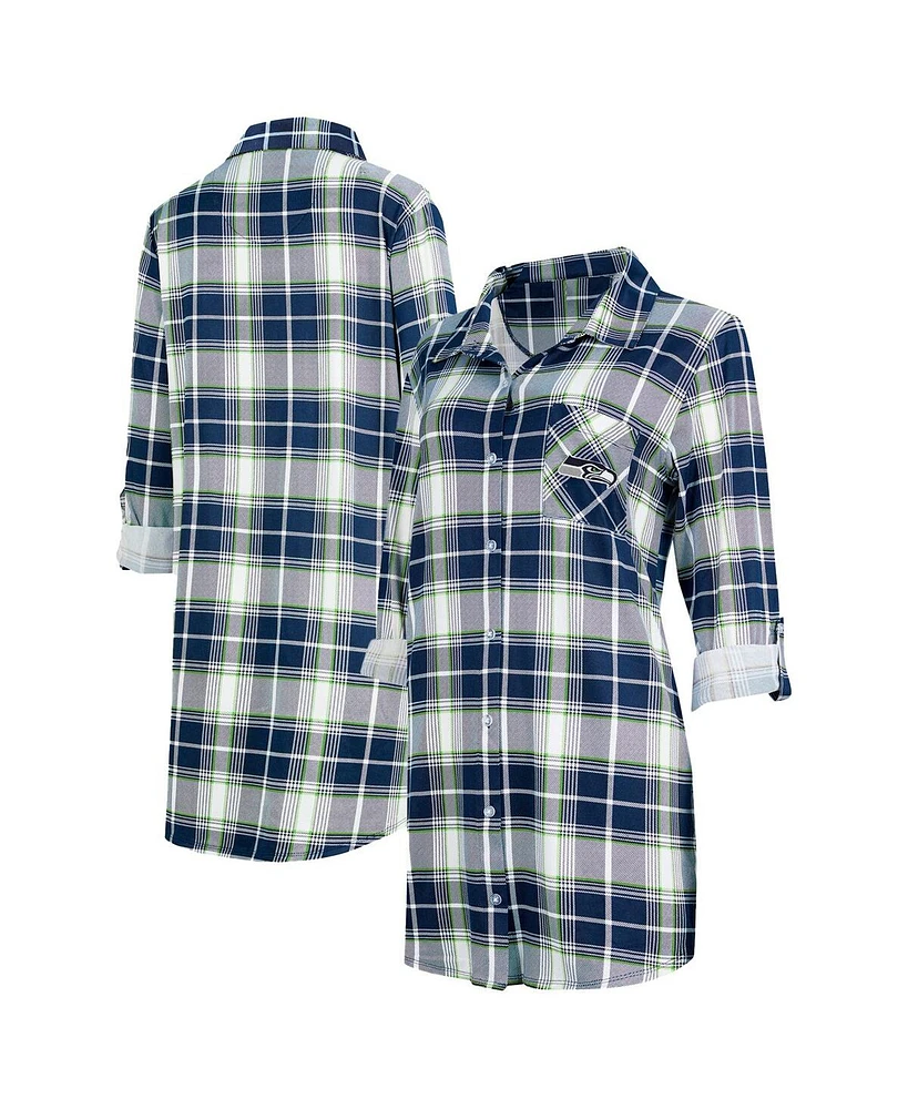 Concepts Sport Women's College Navy Seattle Seahawks Ashford Plaid Knit Nightshirt