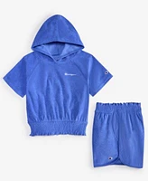 Champion Big Girls Terry Smocked Waist Pullover Hoodie Ruched Terry Pull On Shorts