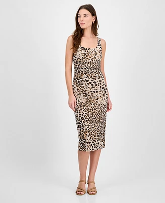 Bar Iii Women's Animal-Print Mesh Ruched Midi Dress, Exclusively at Macy's