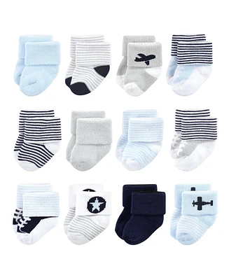 Luvable Friends Baby Boys Newborn Terry Socks, Mint Navy Stripes 12-Pack, 6-12 Months