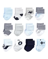 Luvable Friends Baby Boys Newborn Terry Socks, Mint Navy Stripes 12-Pack, 6-12 Months