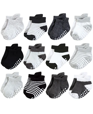 Hudson Baby Boys Non-Skid No-Show Socks, Black White Stripes, 0-6 Months