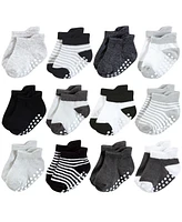Hudson Baby Boys Non-Skid No-Show Socks, Black White Stripes, 0-6 Months