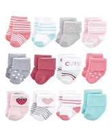 Hudson Baby Baby Girls Hudson Cotton Rich Newborn and Terry Socks, Strawberry 12Pk, 6-12 Months