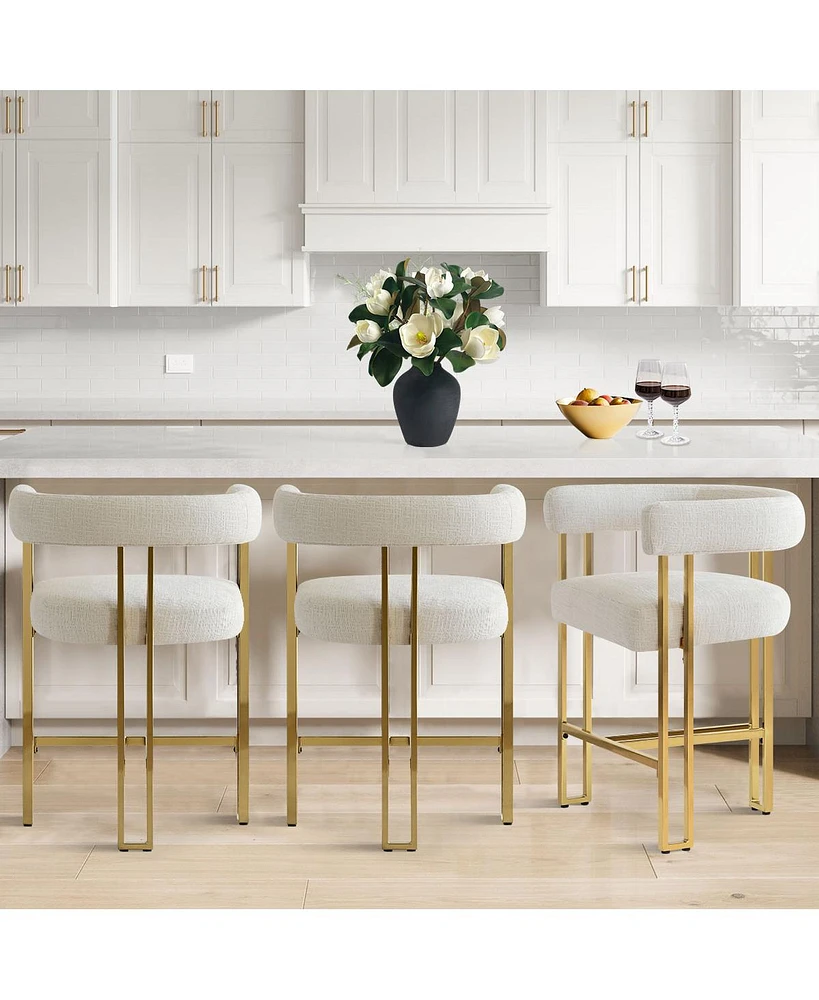 Set of 3 Counter Height Bar Stools, Chenille Upholstered Chairs with Gold Metal Legs-Maison Boucle