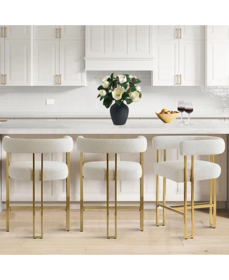 Set of 3 Counter Height Bar Stools, Chenille Upholstered Chairs with Gold Metal Legs-Maison Boucle