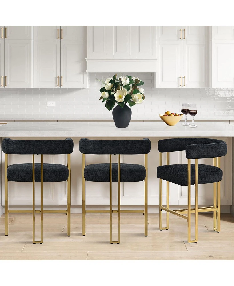 Set of 3 Counter Height Bar Stools, Chenille Upholstered Chairs with Gold Metal Legs-Maison Boucle