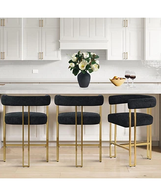 Set of 3 Counter Height Bar Stools, Chenille Upholstered Chairs with Gold Metal Legs-Maison Boucle