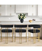 Set of 3 Counter Height Bar Stools, Chenille Upholstered Chairs with Gold Metal Legs-Maison Boucle