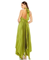 Mac Duggal Women's Pleated Halter Neck Asymmetrical Hem Gown