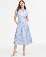 kensie Women's Striped Floral-Embroidered Midi Dress