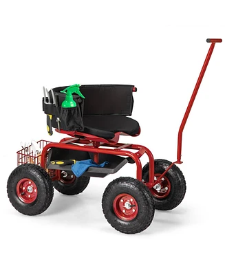 Rolling Garden Cart with Height Adjustable Swivel Seat and Storage Basket