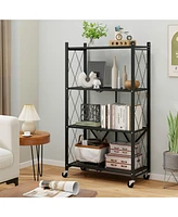 4-Tier Foldable Storage Shelf Collapsible Storage Rack with Lockable Wheels