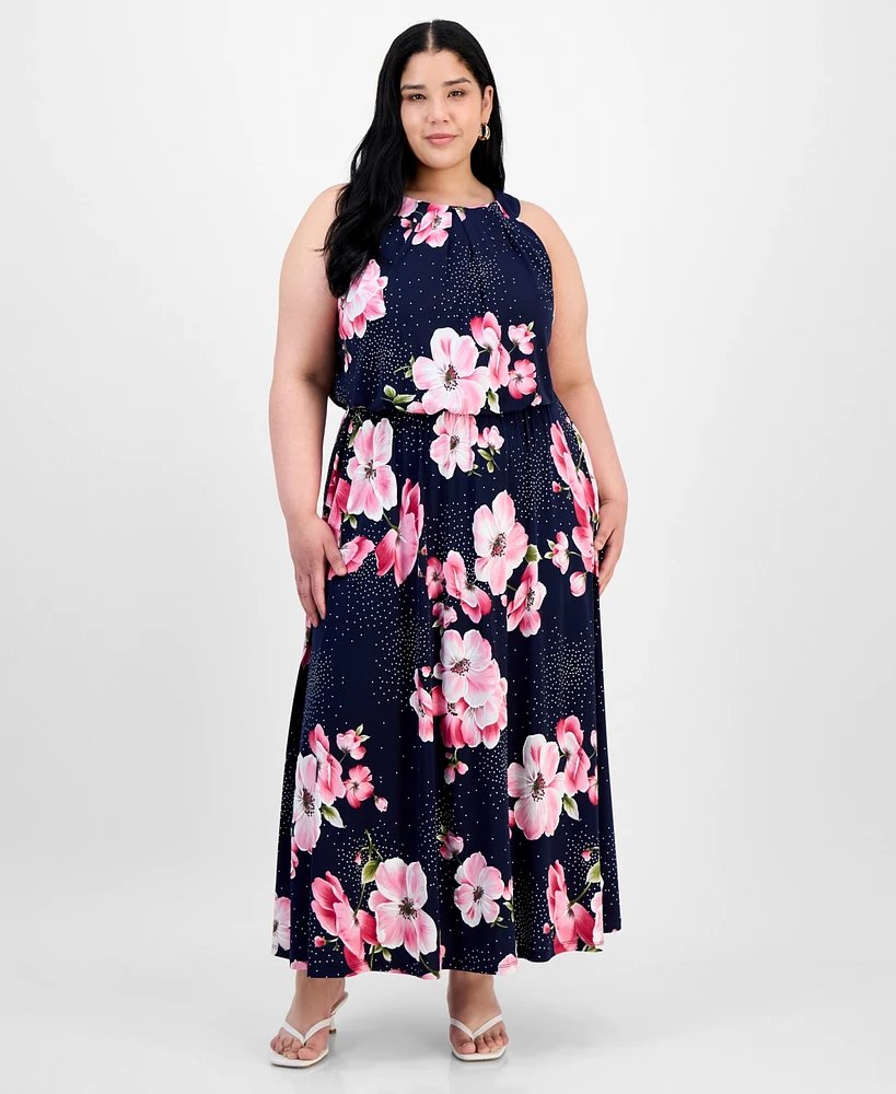 Robbie Bee Plus Floral-Print Pleat-Neck Jersey Dress