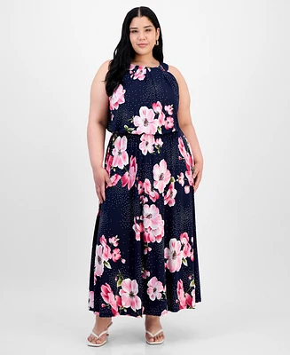 Robbie Bee Plus Floral-Print Pleat-Neck Jersey Dress