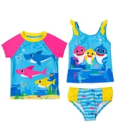 Baby Shark Baby Girls Shark Shark Rash Guard Tankini Top and Bikini Bottom 3 Piece Swimsuit Set