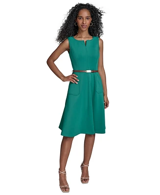 Calvin Klein Women's Split-Neck Belted Scuba Dress