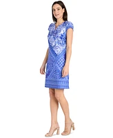 R & M Richards Petite Printed Split-Neck Cap-Sleeve Dress