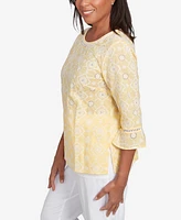 Alfred Dunner Petite Rise & Shine Embroidered Floral Eyelet Bell Sleeve Top