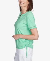 Alfred Dunner Petite Rise & Shine Dot Lace Trimmed Short Sleeve Top