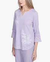 Alfred Dunner Petite Crystal Springs Floral Embroidered Eyelet Sleeve Top