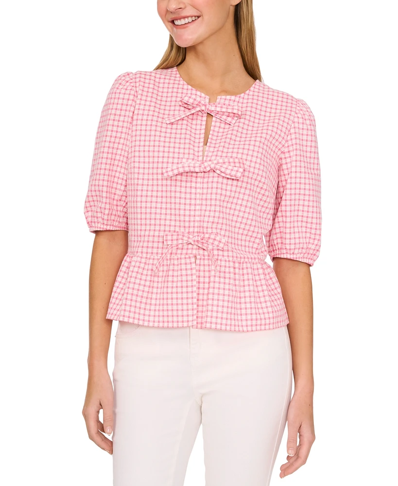 CeCe Women's Gingham Bow-Front Peplum Top