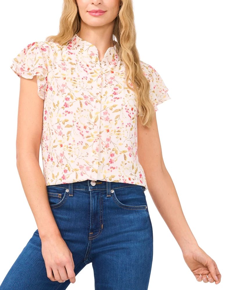CeCe Women's Flutter-Sleeve Mandarin-Collar Blouse