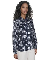 Calvin Klein Petite Printed Long Sleeve Tie-Neck Blouse