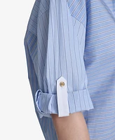 Halston Women's Striped Cotton Roll-Tab-Sleeve Button-Front Shirt