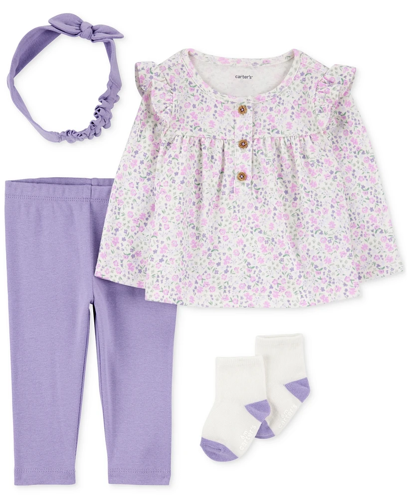 Carter's Baby Girls Floral-Print Top, Headwrap, Pants & Socks, 4 Piece Set