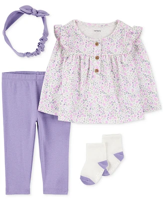 Carter's Baby Girls Floral-Print Top, Headwrap, Pants & Socks, 4 Piece Set